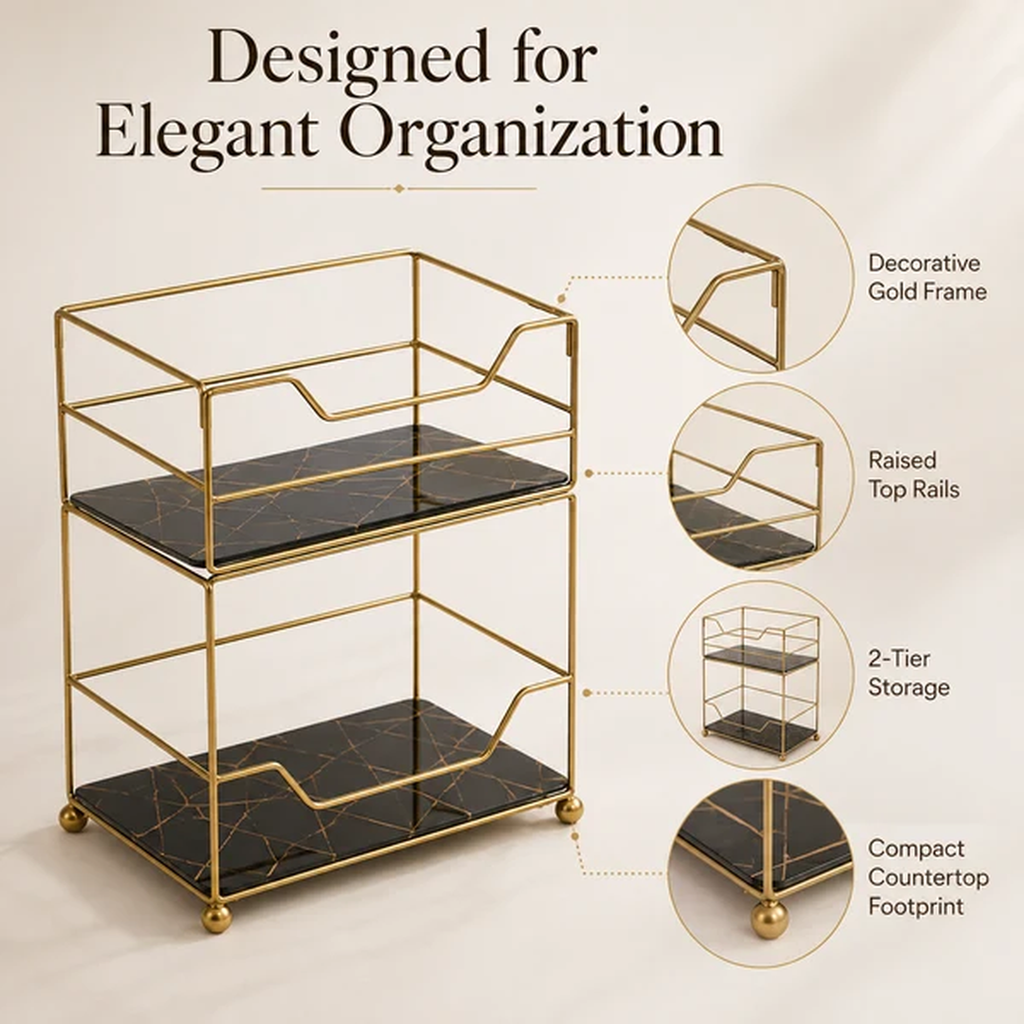 2-Tier Compact Vanity Organizer detail view — frame, rails, and footprint