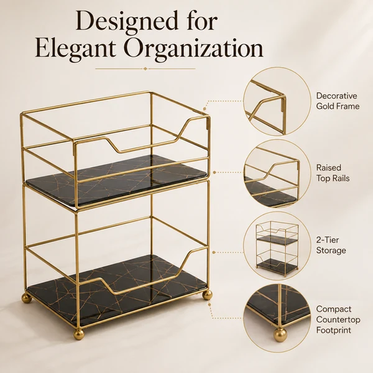 2-Tier Compact Vanity Organizer detail view — frame, rails, and footprint