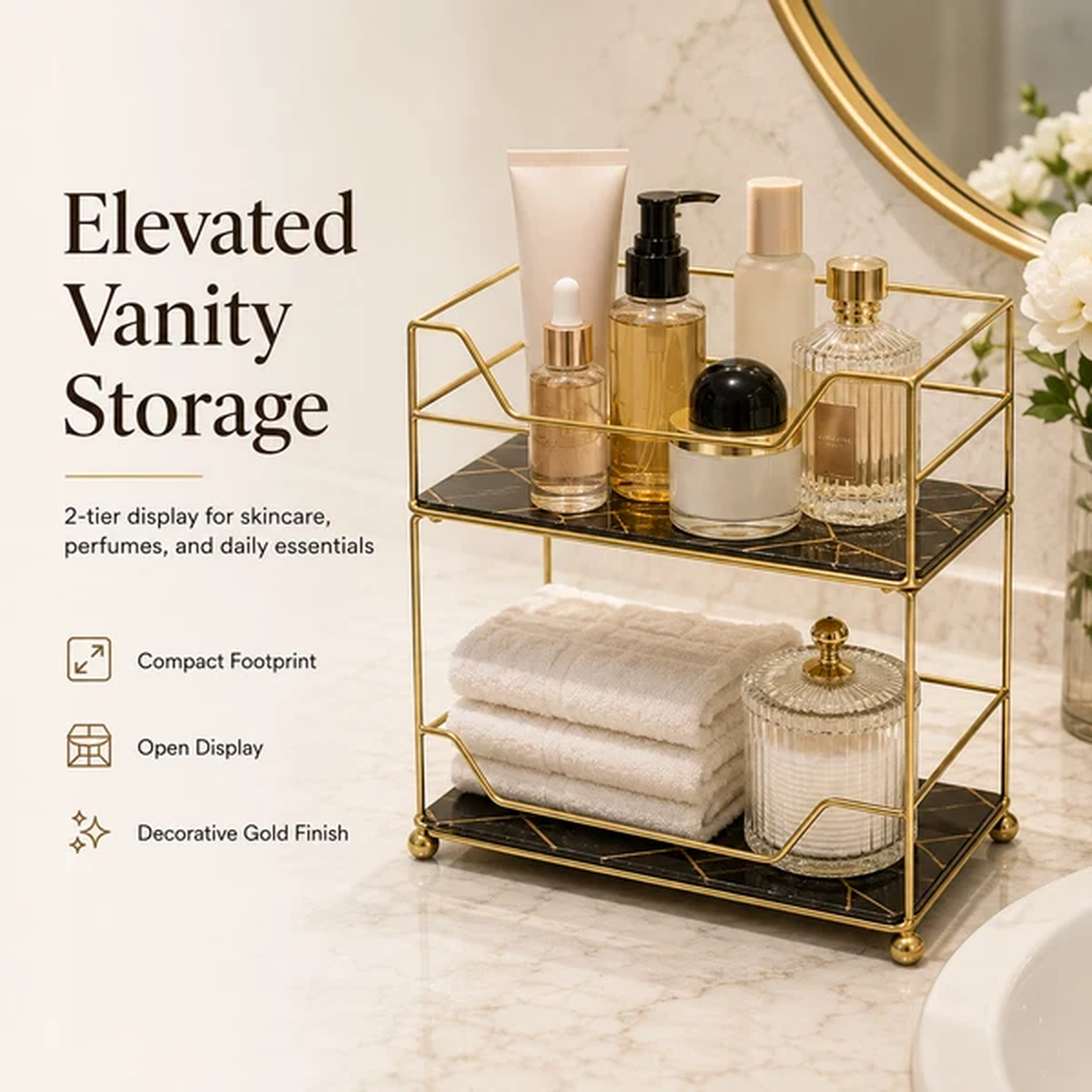 2-Tier Compact Vanity Organizer in black marble with skincare and towels