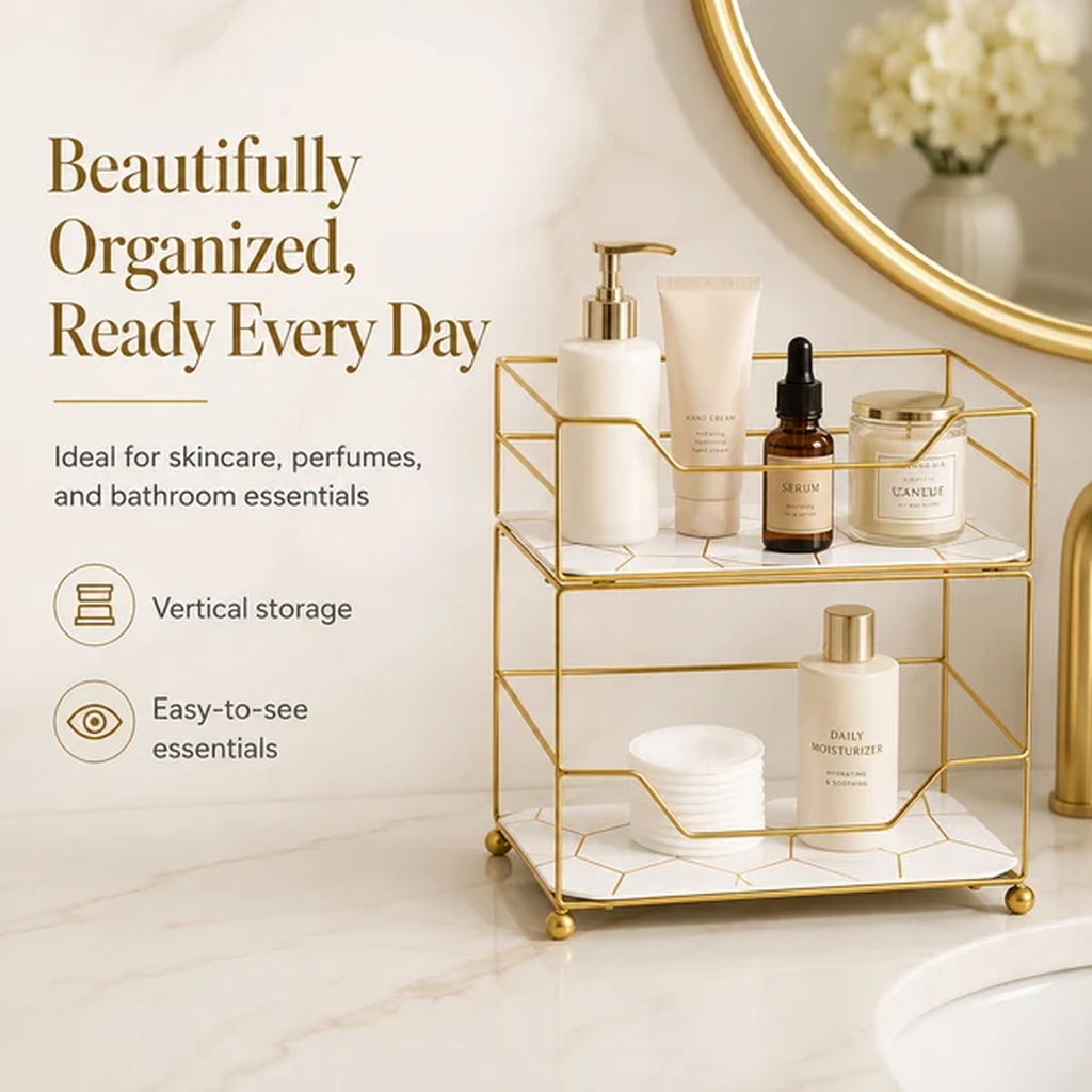 2-Tier Compact Vanity Organizer in white marble with skincare and candle