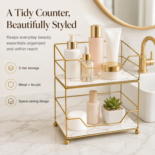 2-Tier Compact Vanity Organizer in white marble with skincare on a bathroom counter