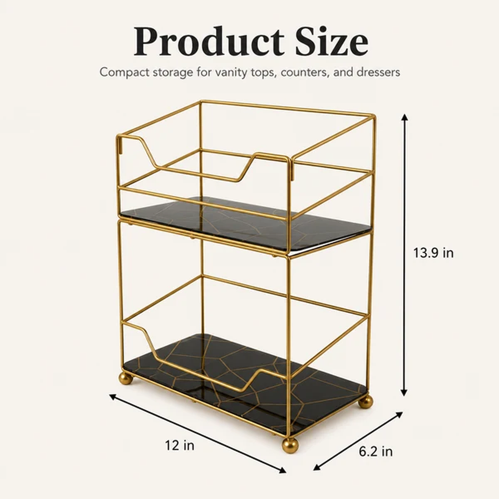 2-Tier Compact Vanity Organizer product size diagram — 12 × 6.2 × 13.9 inches