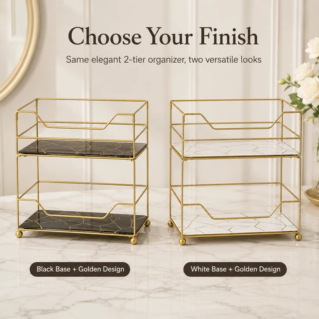 2-Tier Compact Vanity Organizer shown in black and white marble finishes side by side