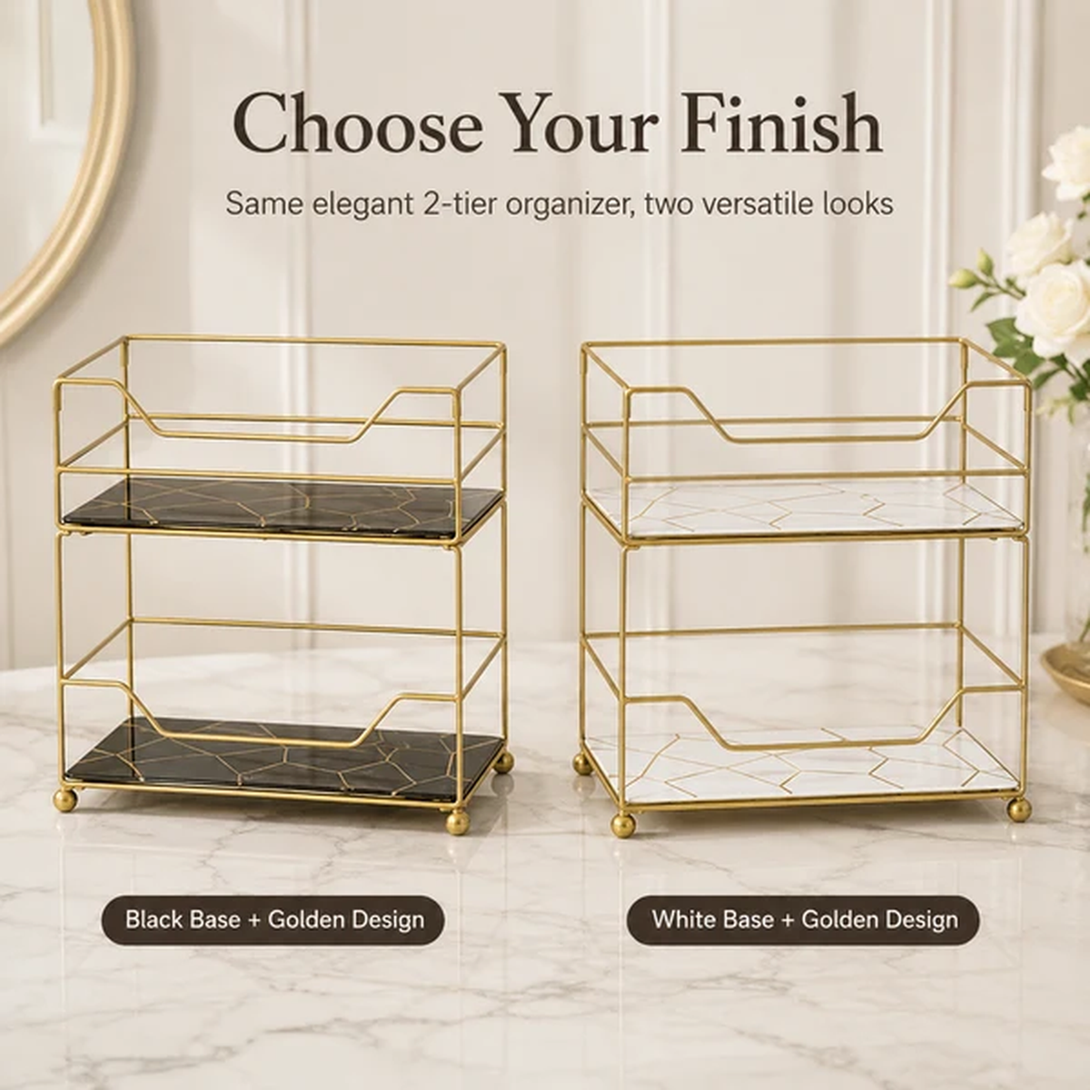 2-Tier Compact Vanity Organizer shown in black and white marble finishes side by side