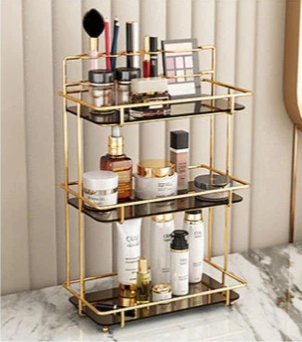 3-Tier Gold & Black Glass Cosmetic Organizer – Makeup, Skincare & Beauty Storage
