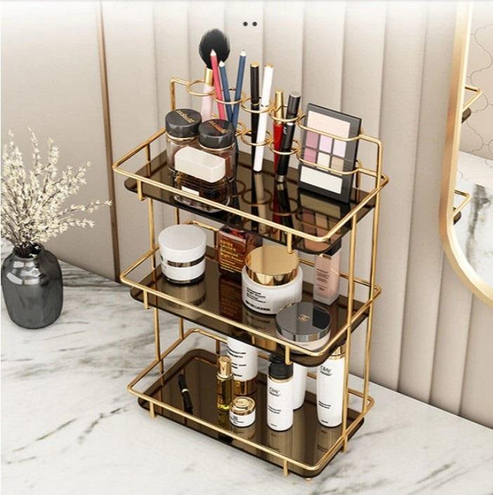 3-Tier Gold & Black Glass Cosmetic Organizer – Makeup, Skincare & Beauty Storage