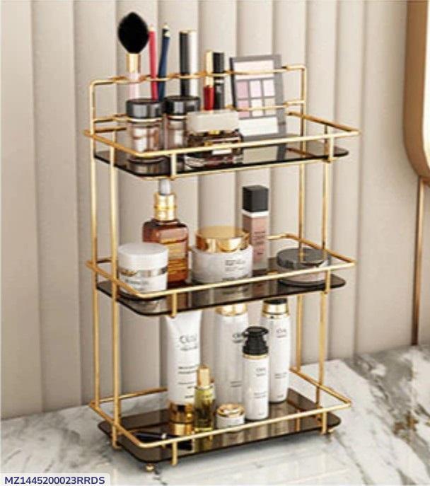 3-Tier Gold & Black Glass Cosmetic Organizer – Makeup, Skincare & Beauty Storage