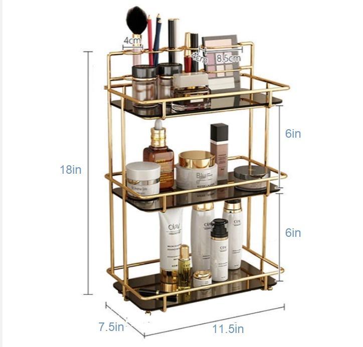 3-Tier Gold & Black Glass Cosmetic Organizer – Makeup, Skincare & Beauty Storage