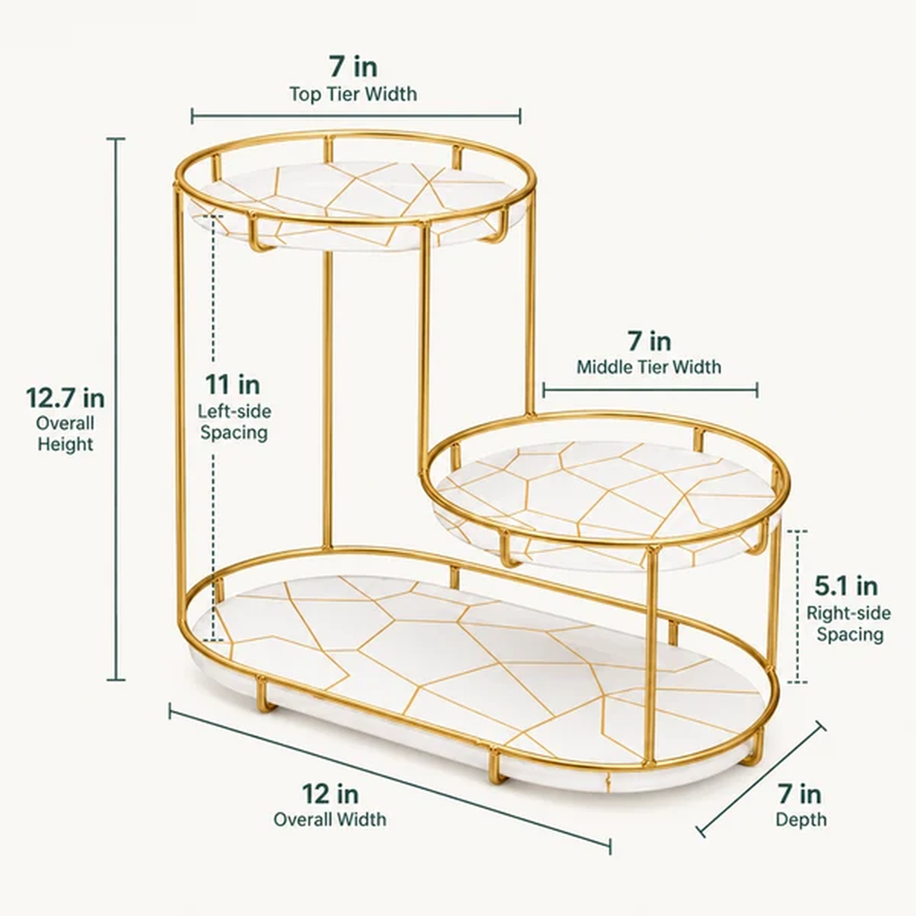 A two-tier oval shelf rack with a gold metal frame and white shelves featuring a thin geometric gold line pattern, shown with dimension callouts and labels on a light beige background.