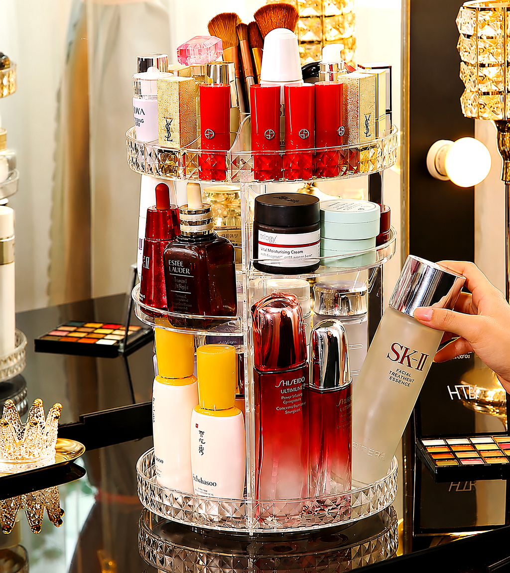 360° Rotating Makeup Organizer - Diamond Crystal Acrylic Cosmetic Storage