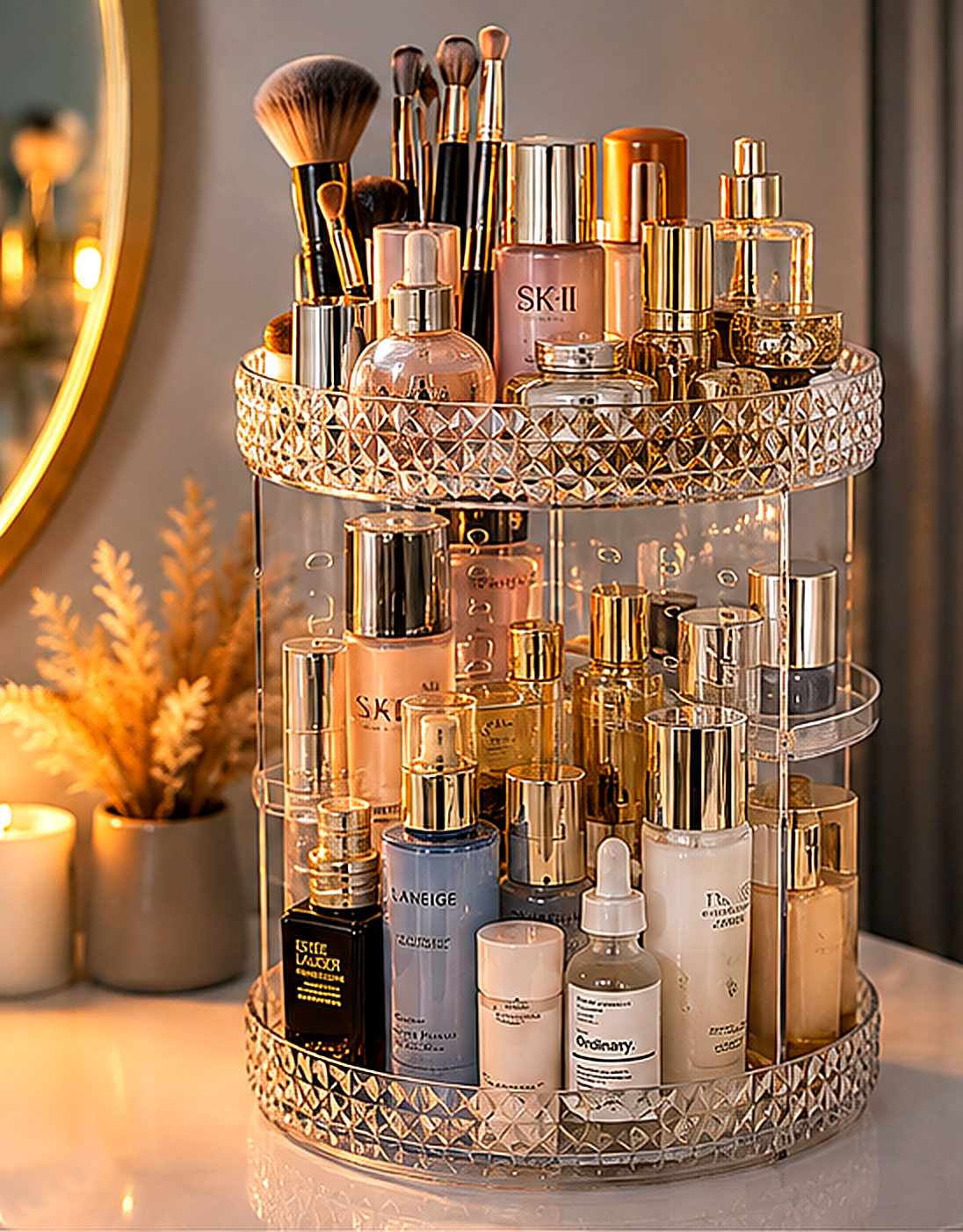 360° Rotating Makeup Organizer - Diamond Crystal Acrylic Cosmetic Storage