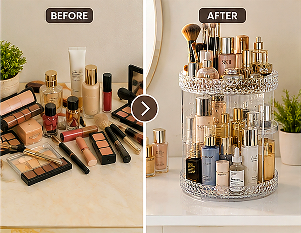360° Rotating Makeup Organizer - Diamond Crystal Acrylic Cosmetic Storage