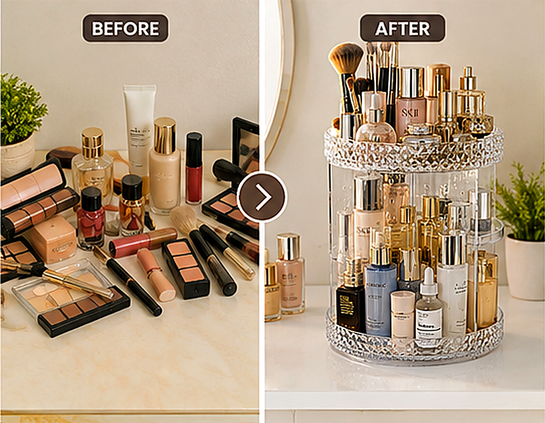 360° Rotating Makeup Organizer - Diamond Crystal Acrylic Cosmetic Storage
