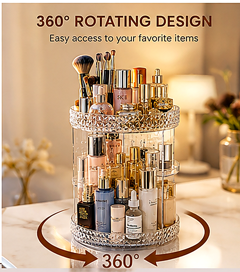 360° Rotating Makeup Organizer - Diamond Crystal Acrylic Cosmetic Storage