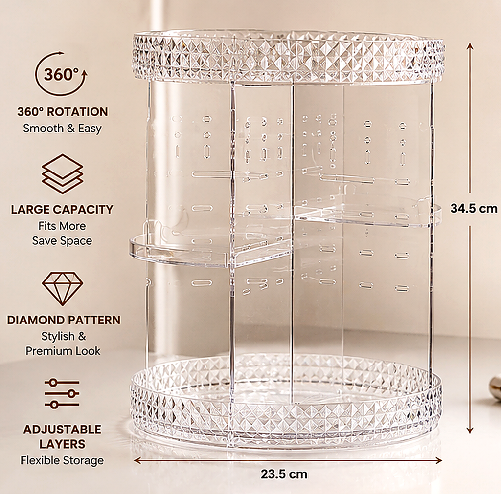 360° Rotating Makeup Organizer - Diamond Crystal Acrylic Cosmetic Storage
