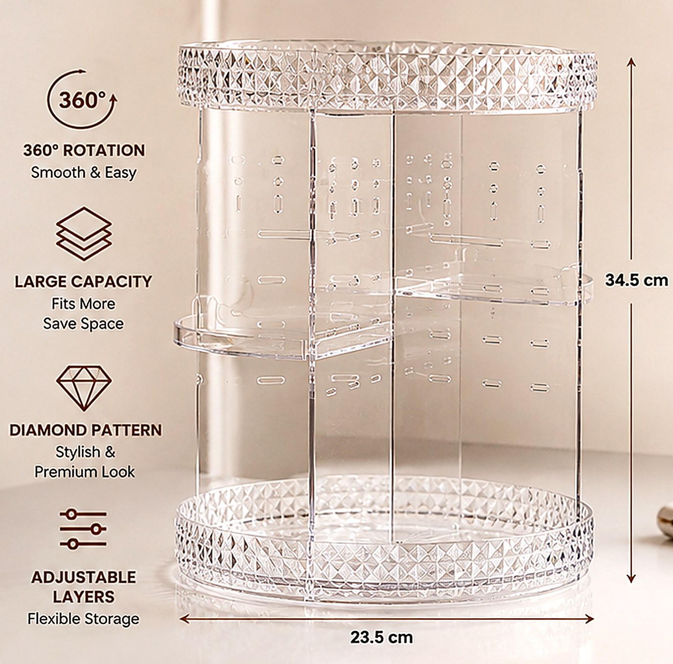 360° Rotating Makeup Organizer - Diamond Crystal Acrylic Cosmetic Storage