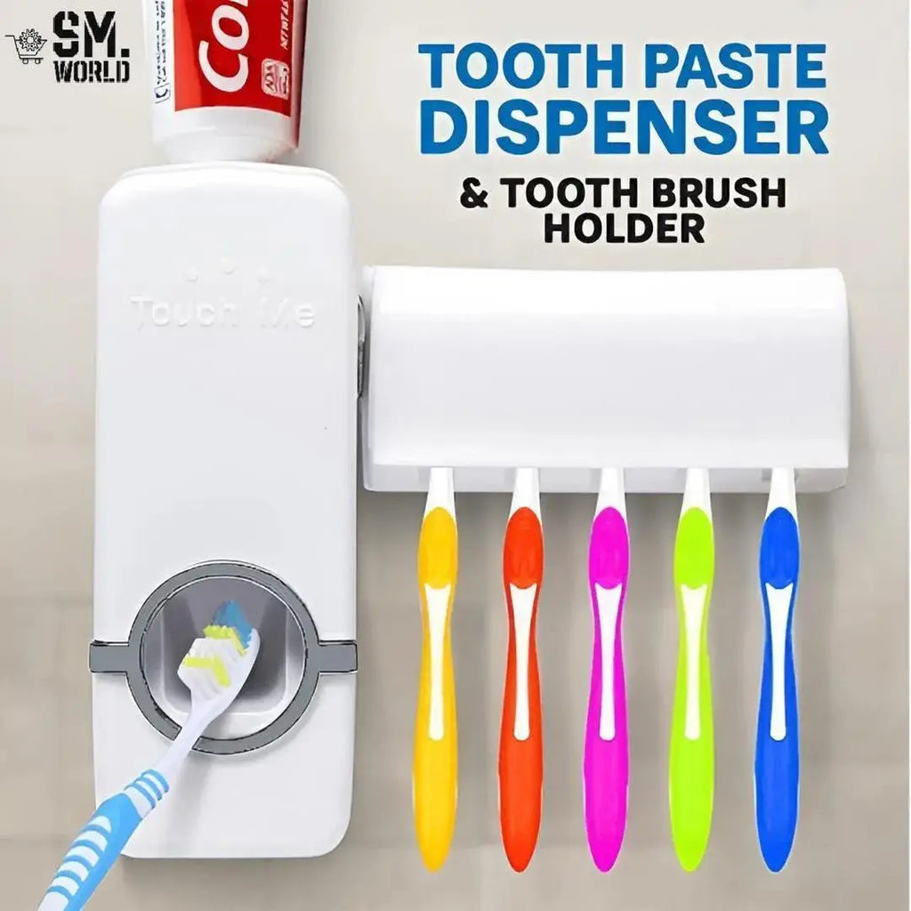 Toothpaste Dispenser & 5-Slot Toothbrush Holder – Wall Mounted
