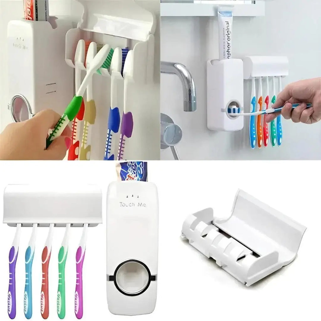 Toothpaste Dispenser & 5-Slot Toothbrush Holder – Wall Mounted