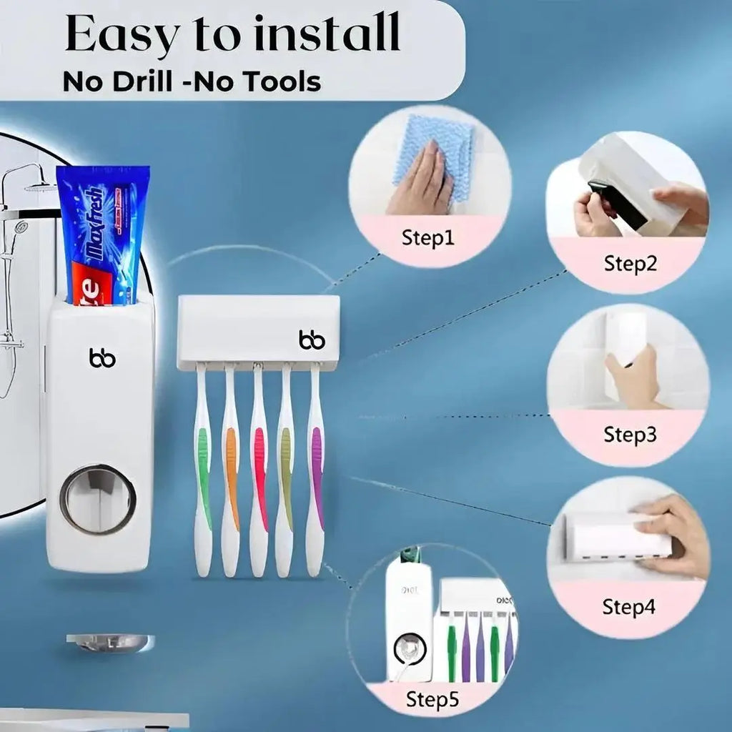Toothpaste Dispenser & 5-Slot Toothbrush Holder – Wall Mounted