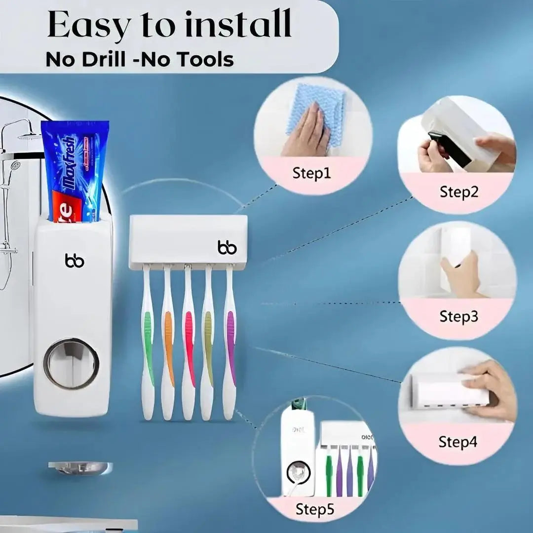 Toothpaste Dispenser & 5-Slot Toothbrush Holder – Wall Mounted