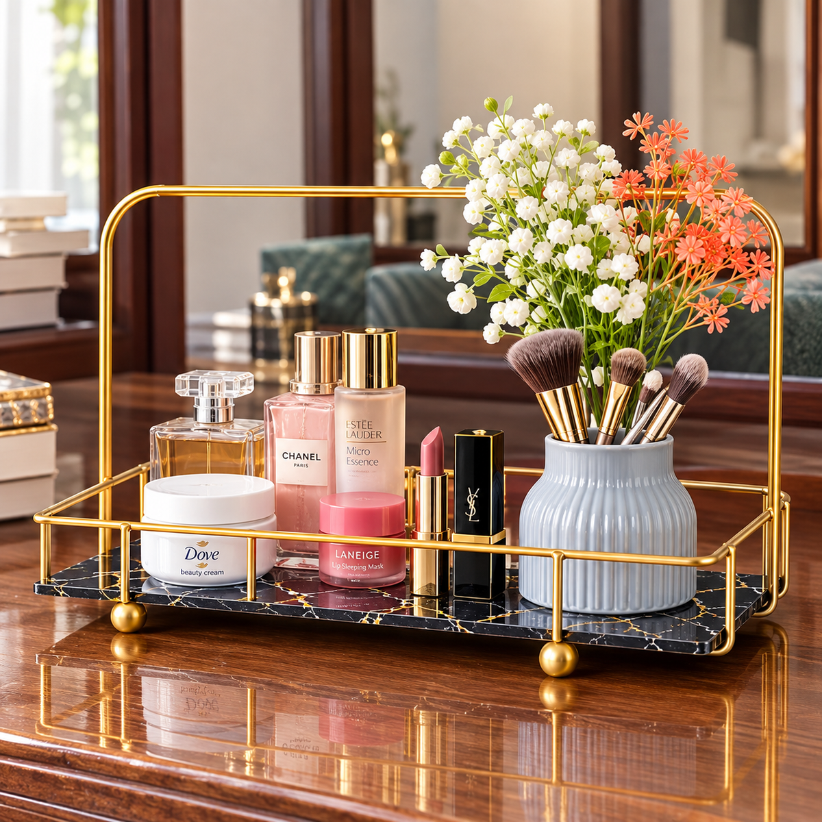 Golden Arc Vanity Stand holding a speaker, vase, and pens on a dining table