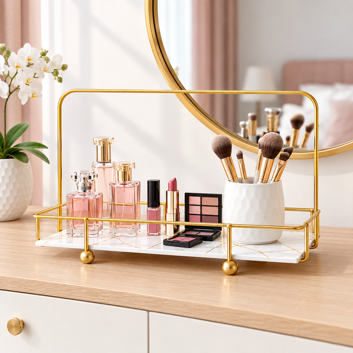 Golden Arc Vanity Stand styled with perfume bottles and makeup brushes on a dresser
