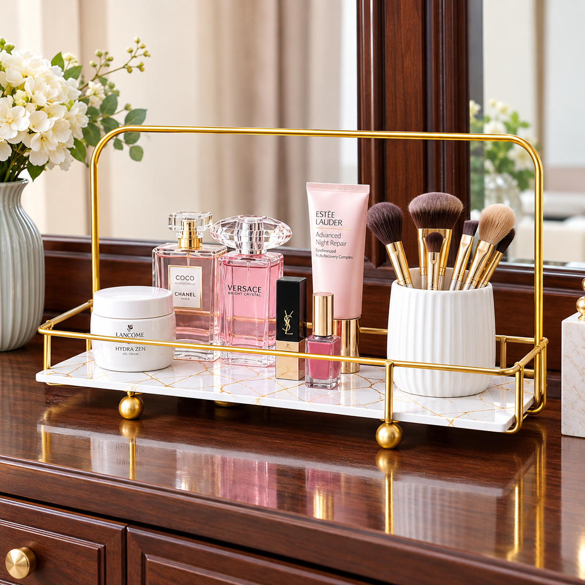 Golden Arc Vanity Stand with haircare and skincare products