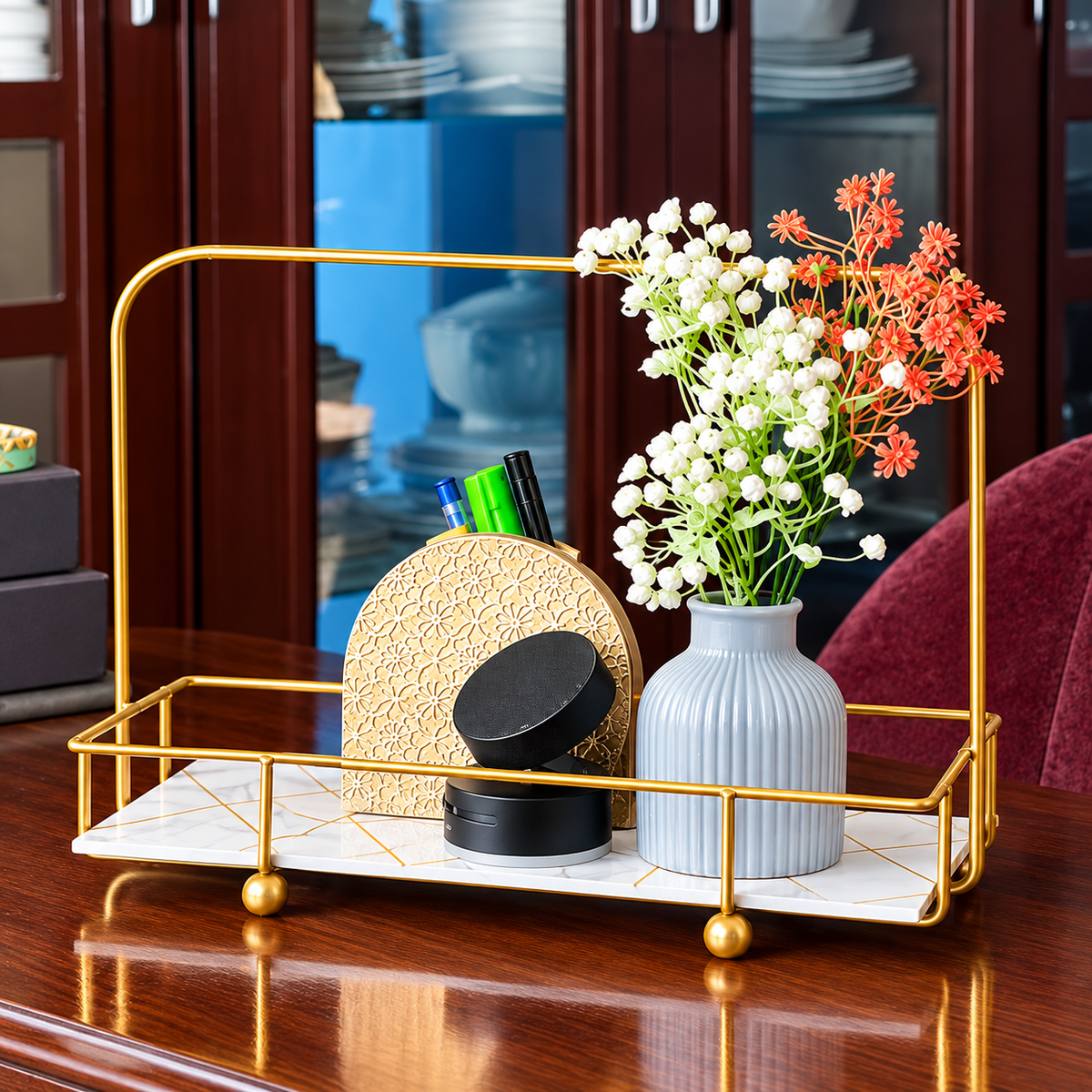 Golden Arc Vanity Stand with skincare and candle on a nightstand