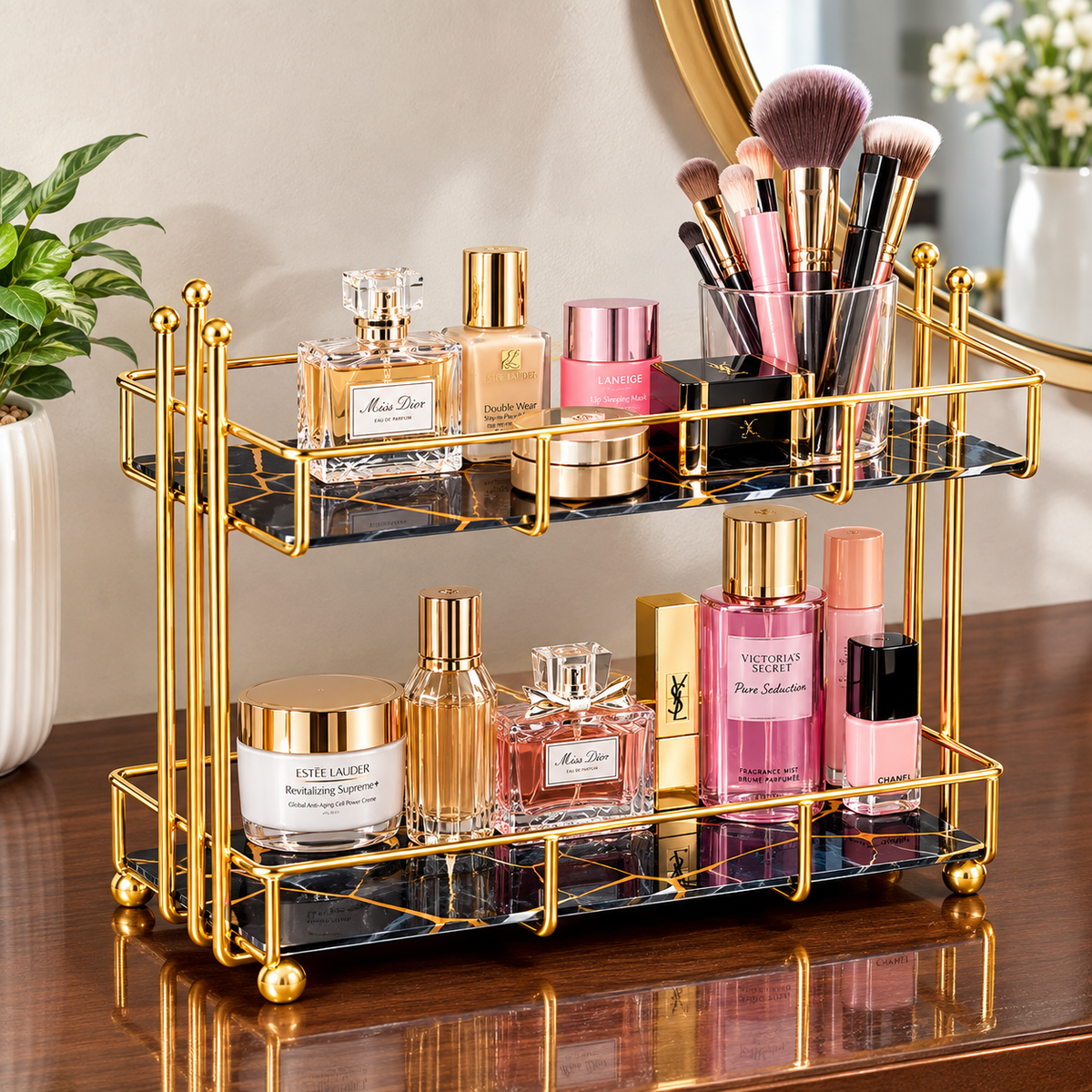 Golden Rail Vanity Tray in black marble with Victoria's Secret and Miss Dior