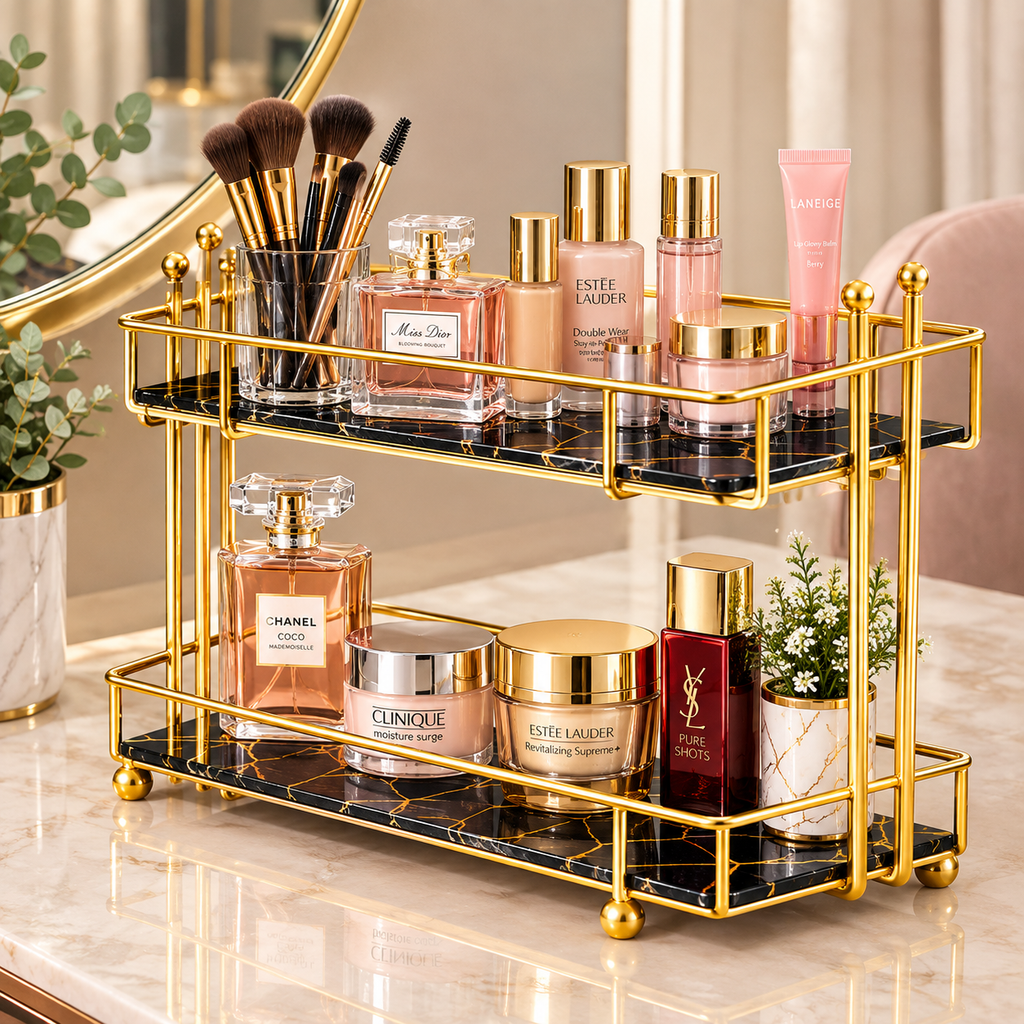 Golden Rail Vanity Tray in black marble with luxury skincare and perfume