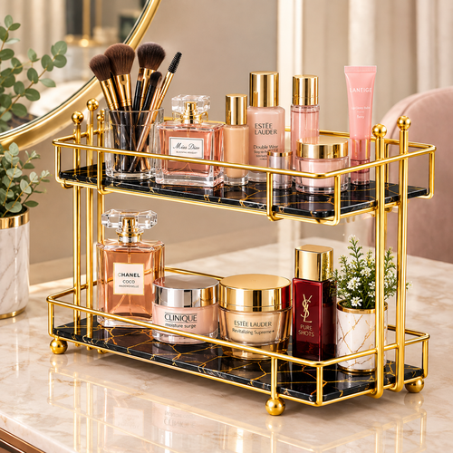 Golden Rail Vanity Tray in black marble with luxury skincare and perfume