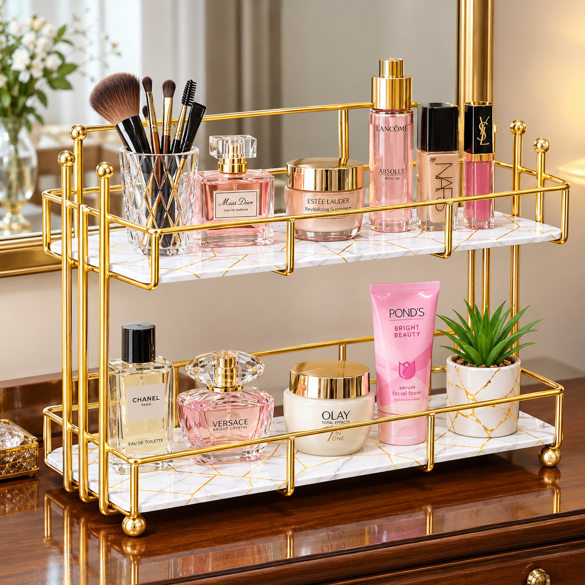 Golden Rail Vanity Tray in white marble with Chanel, Versace, and Olay