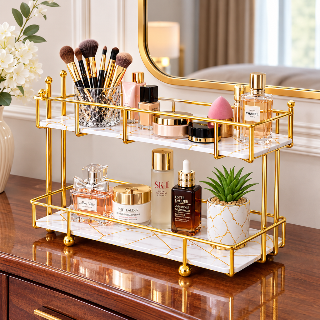 Golden Rail Vanity Tray in white marble with makeup brushes and plant