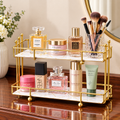 Golden Rail Vanity Tray with Chanel and Estée Lauder products on a wood dresser