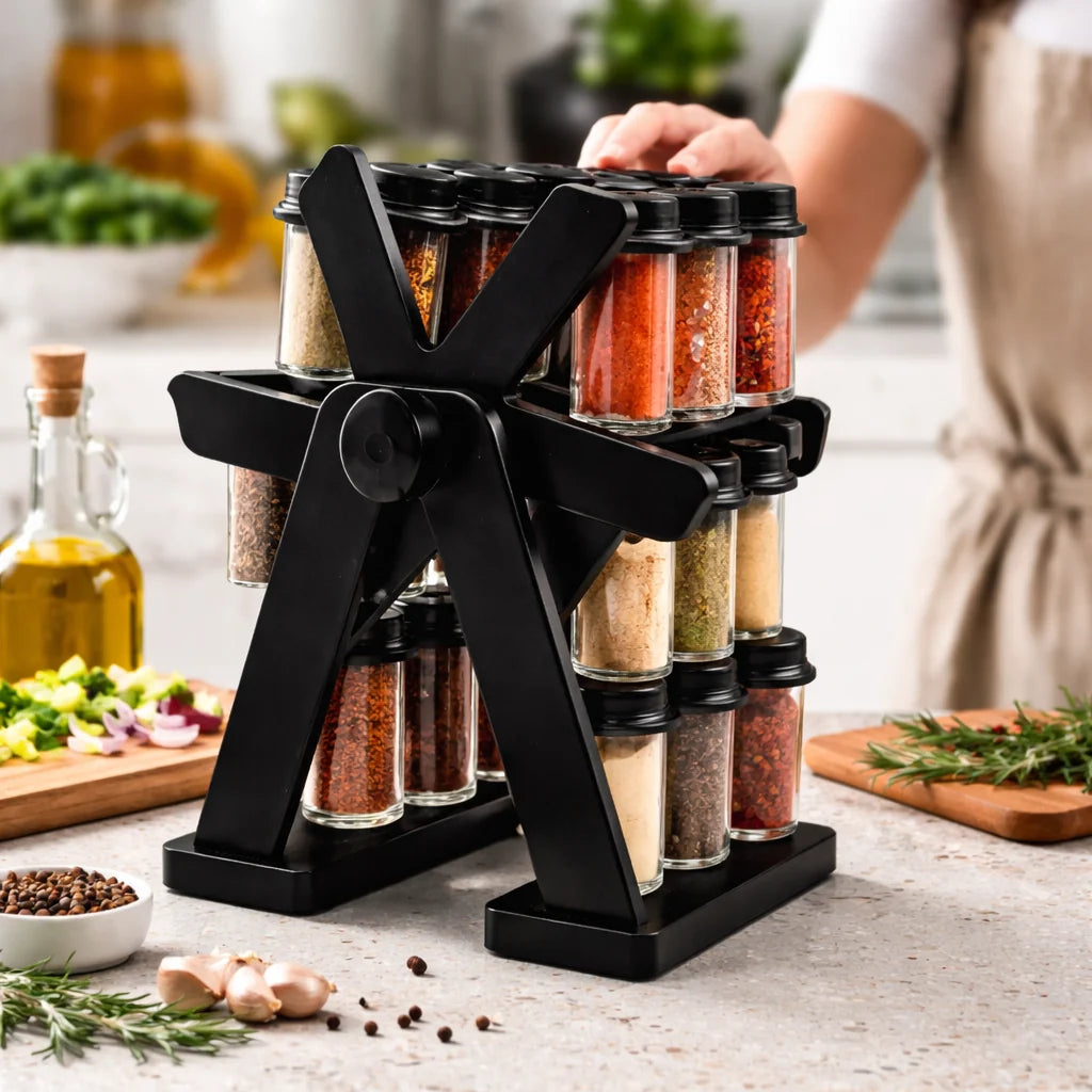 360° Rotating Ferris Wheel Spice Rack – 18 Glass Spice Jars