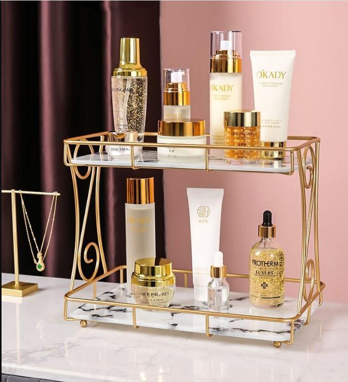 Luxury 2-Tier Gold & Marble Cosmetic Organizer