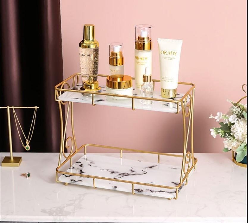 Luxury 2-Tier Gold & Marble Cosmetic Organizer