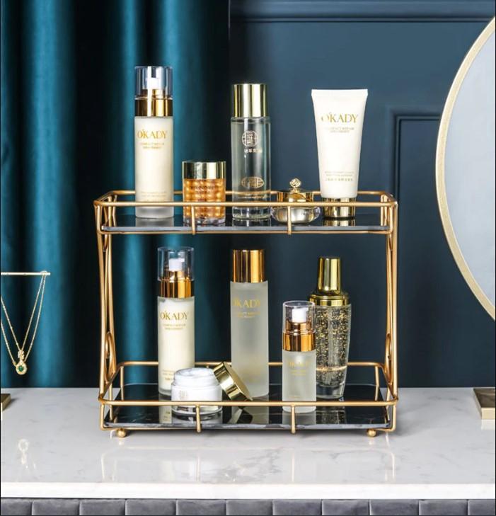 Luxury 2-Tier Gold & Marble Cosmetic Organizer