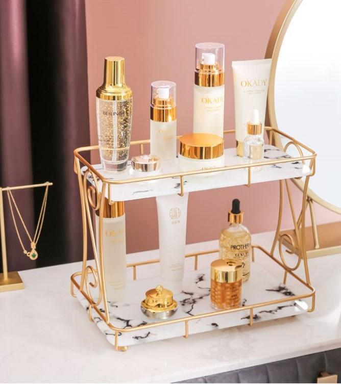 Luxury 2-Tier Gold & Marble Cosmetic Organizer