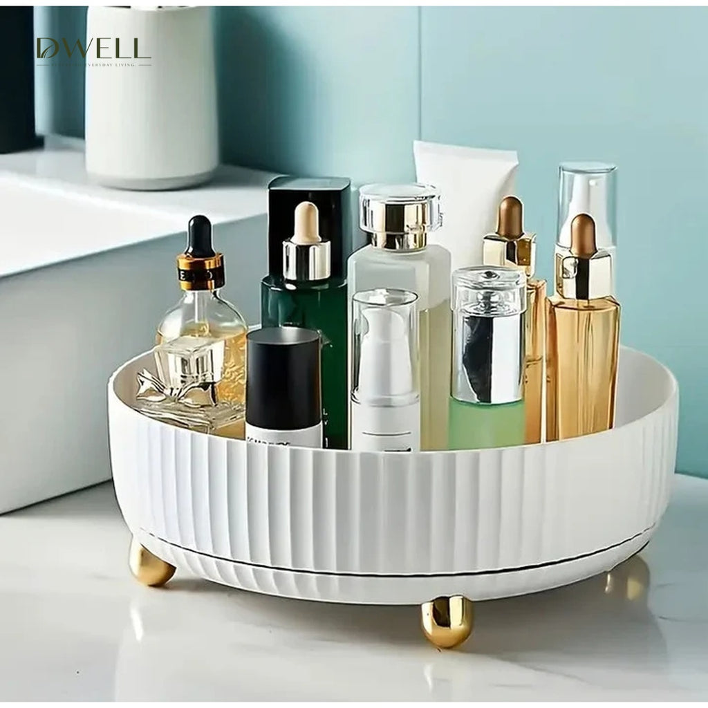 Luxury 360° Rotating Vanity Tray - Ribbed Organizer with Gold Feet