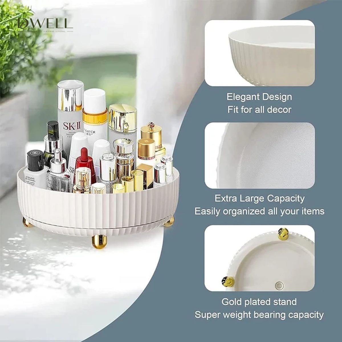 Luxury 360° Rotating Vanity Tray - Ribbed Organizer with Gold Feet