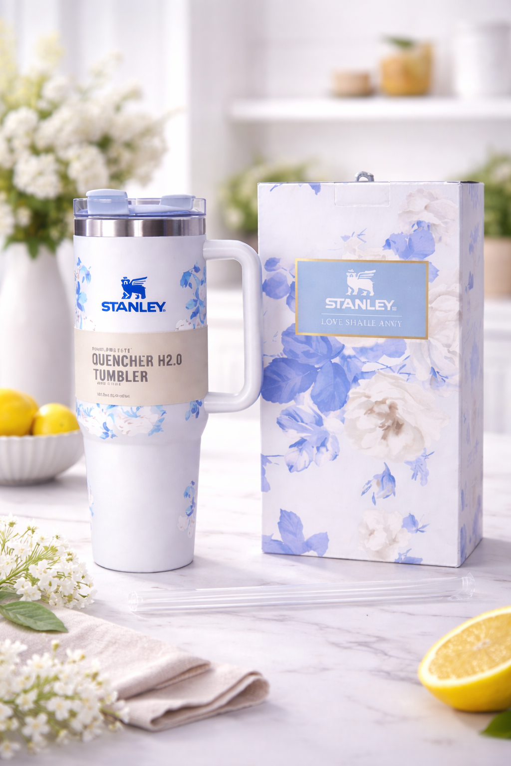 Stanley 40oz Floral Quencher Tumbler – Blue Floral | Insulated Travel Cup with Handle & Straw