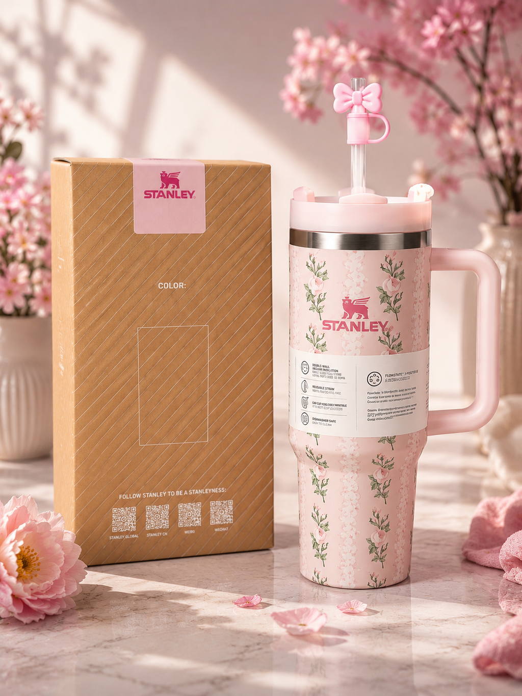 Stanley 40oz Floral Quencher Tumbler – Rose Floral  Insulated Travel Cup with Handle & Straw