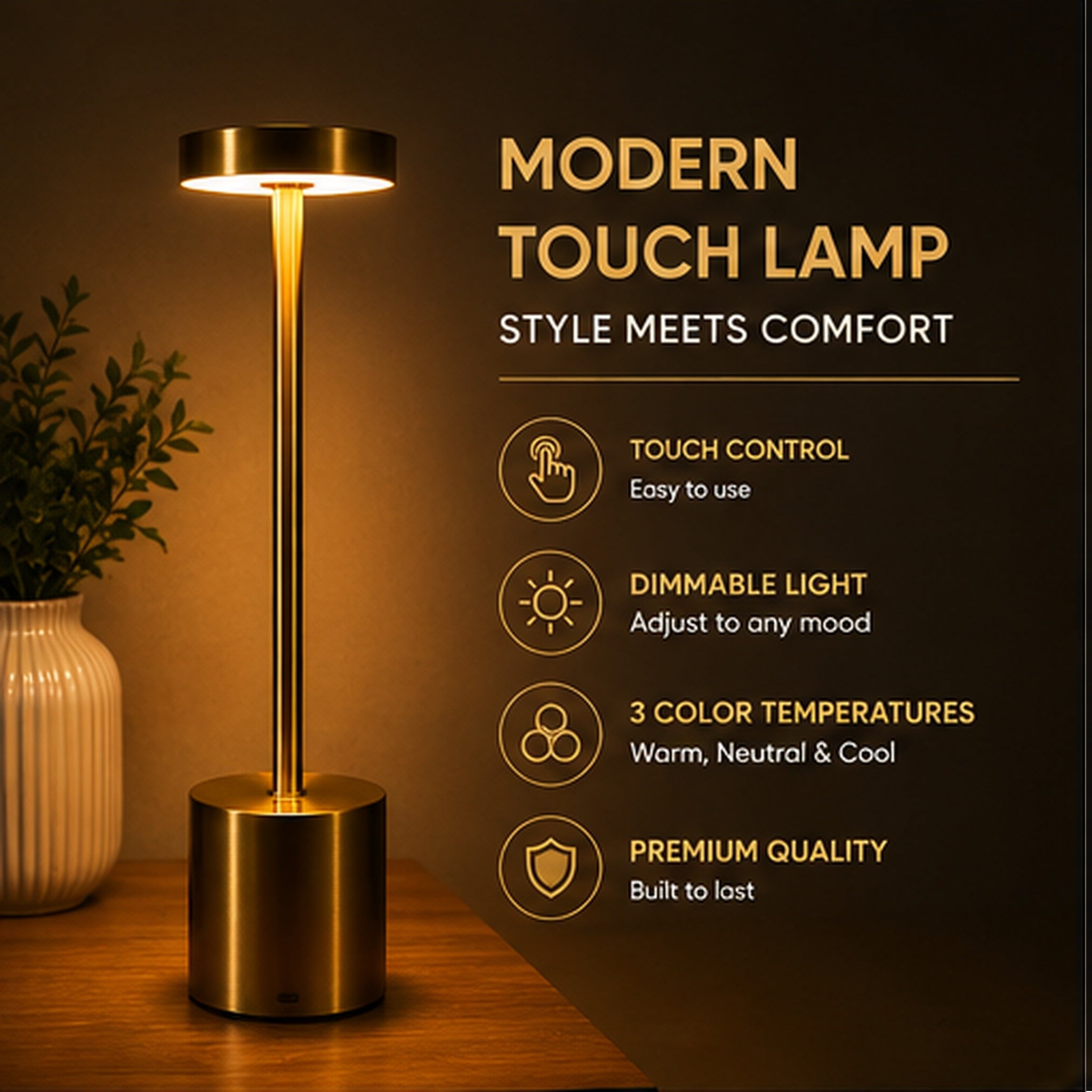 Touch Control LED Desk Lamp - Rechargeable Cordless Table Light