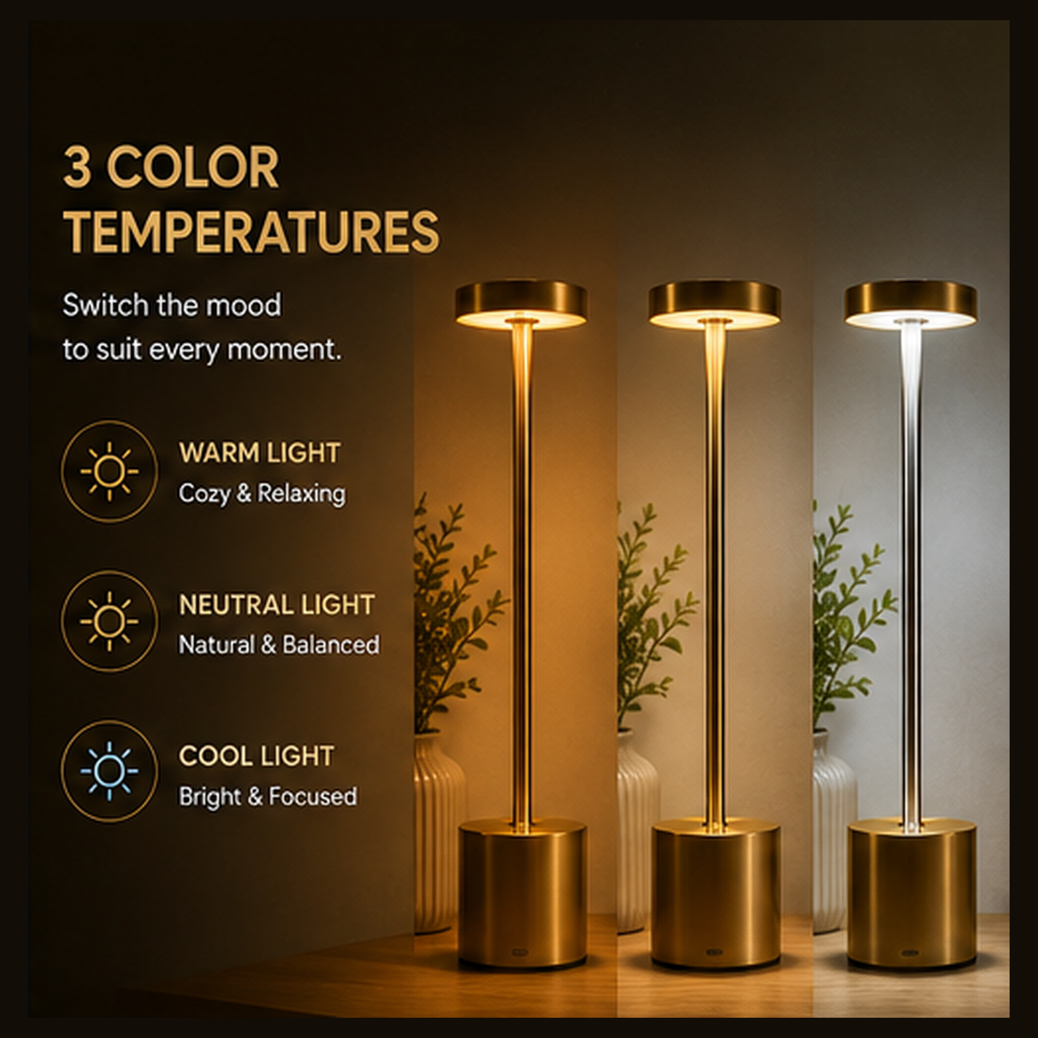 Touch Control LED Desk Lamp - Rechargeable Cordless Table Light
